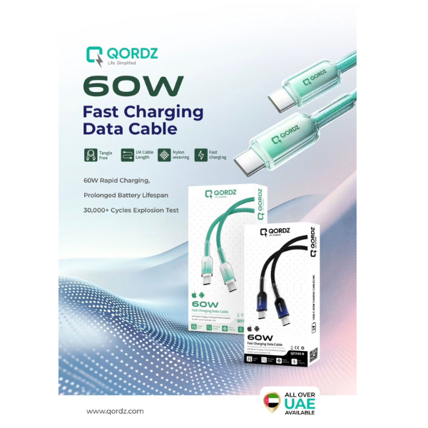 QORDZ 60W Fast Charging USB‑C to USB‑C Nylon Braided Cable